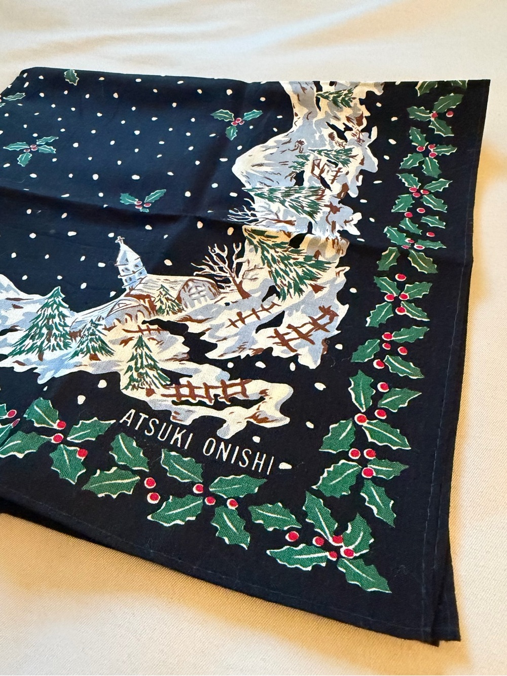 Vintage Atsuki Onishi Japanese Scarf Handkerchief Winter Village Holly Christmas